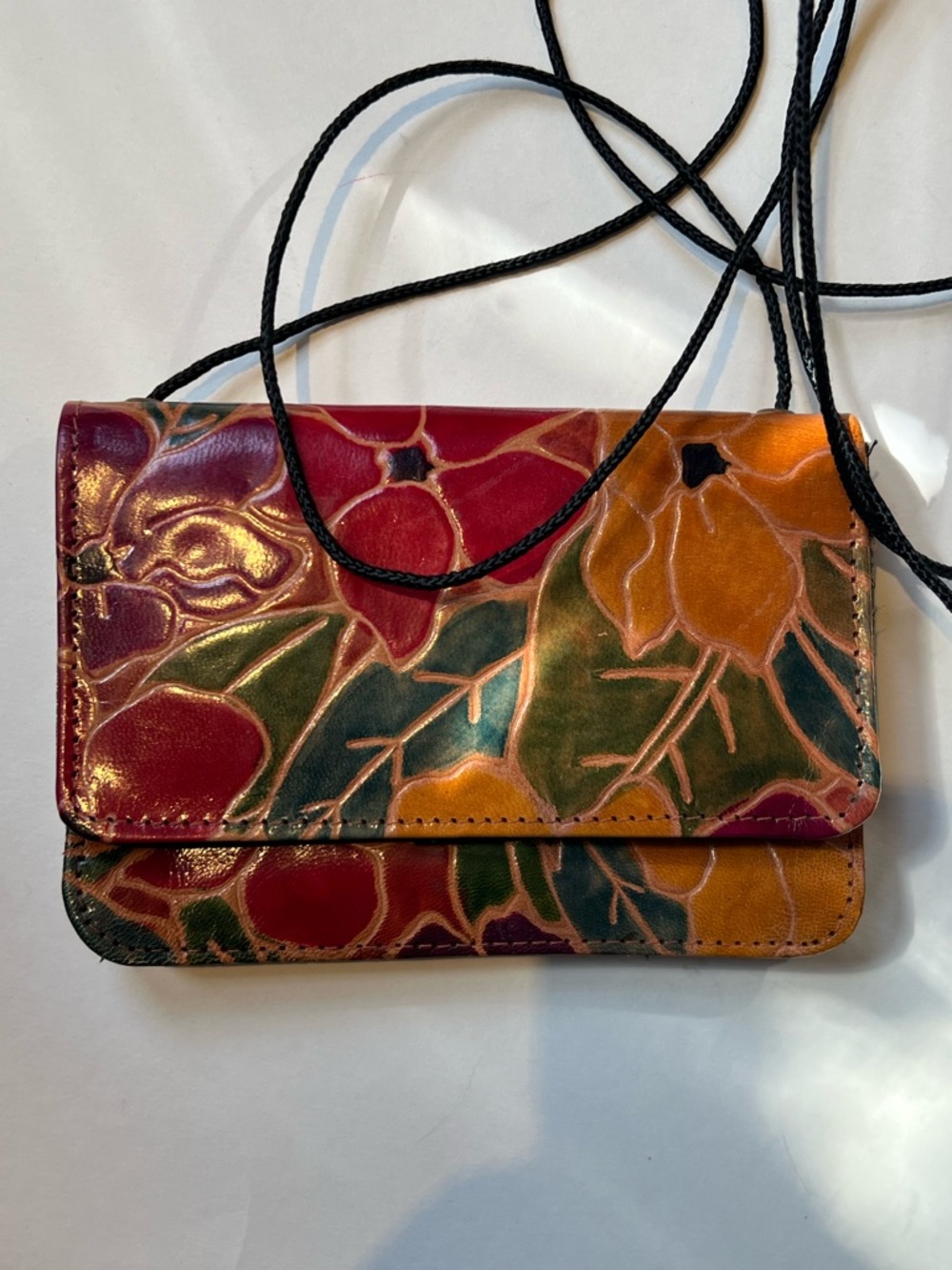 Vintage Floral Leather CrossbodyWallet  in Red, Orange, Green